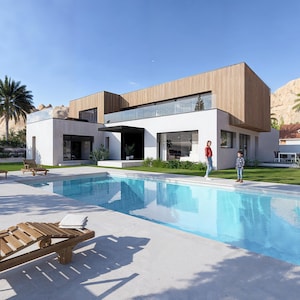Plattegronden van luxe villa's met twee verdiepingen, plattegronden luxe huizen, blauwdruk huis met vijf slaapkamers, plattegronden villa met zwembad, blauwdruk huis met twee verdiepingen