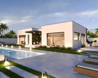 Modern One-Story Villa Blueprint: 1-Bedroom House with Pool (PDF Download)