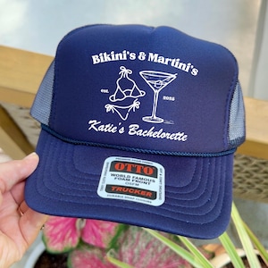 Bikini&#39;s and Martini&#39;s Bachelorette Hats, Beach Trucker Hat, Bridal Decor, Bridal Party Favor, Bride Gift, Bachelorette party Favor