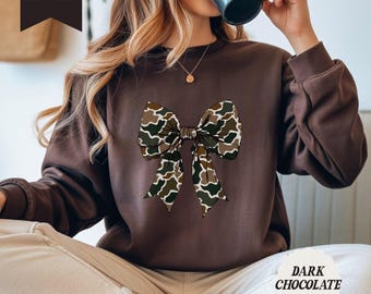 Bluza z okrągłym dekoltem w kamuflażu i kokardą, rozmiar S-2XL, Coquette Crew, prezent damski, sweter vintage