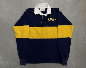Vintage 80s S.W.C Striped Collegiate Rugby Shirt / Retro / Sportswear / University / Medium Navy