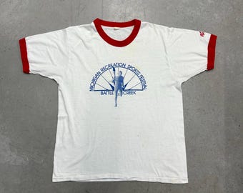 Vintage 80s Michigan Recreation Sports Festival Ringer Flawed T-Shirt / True Vintage / USA / Sports / Medium White