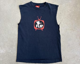 Vintage 90s Flip Skateboard Television Graphic Cut-Off T-Shirt / Skater / Retro / USA / Small Navy