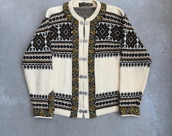Vintage 90s Nordstrikk Pattern Cardigan Sweater / Knitwear / Outerwear / Retro / Medium White