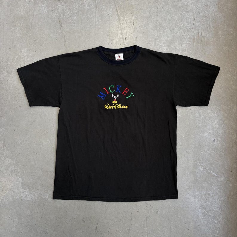 Vintage 90s Walt Disney Mickey Mouse Embroidered T-Shirt / Cartoon / Retro / USA / Extra Large Black image 1