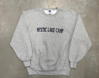 Sudadera deportiva vintage Russell con bordado de Mystic Lake Camp, años 90, color gris, talla grande
