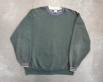Vintage 90s Striped Collar Faded Blank Sweatshirt / Retro / Classic / USA / Extra Large Green