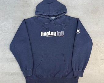 Vintage 2000s Hurley International Flockprint Spellout Hoodie / Skatewear / Surfwear / XL Navy