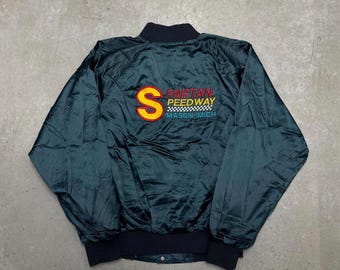 Chaqueta de carreras de satén Michigan Spartan Speedway vintage de los años 90 / Ropa de abrigo / Carreras / EE. UU. / Extra grande azul marino