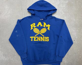 Sudadera con capucha y gráfico de RAM Tennis Jerzees vintage de los años 90 / Ropa deportiva / Defectuosa / Azul extragrande