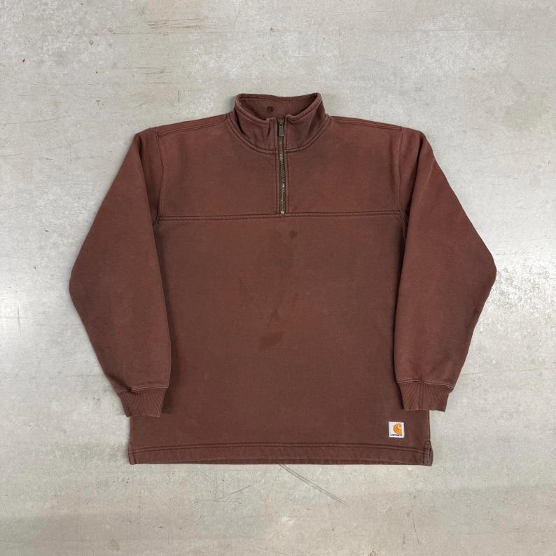 Sudadera Carhartt Sun Faded con cremallera de un cuarto, años 2000, vintage, ropa de trabajo, desgastada y con defectos, marrón mediano imagen 1