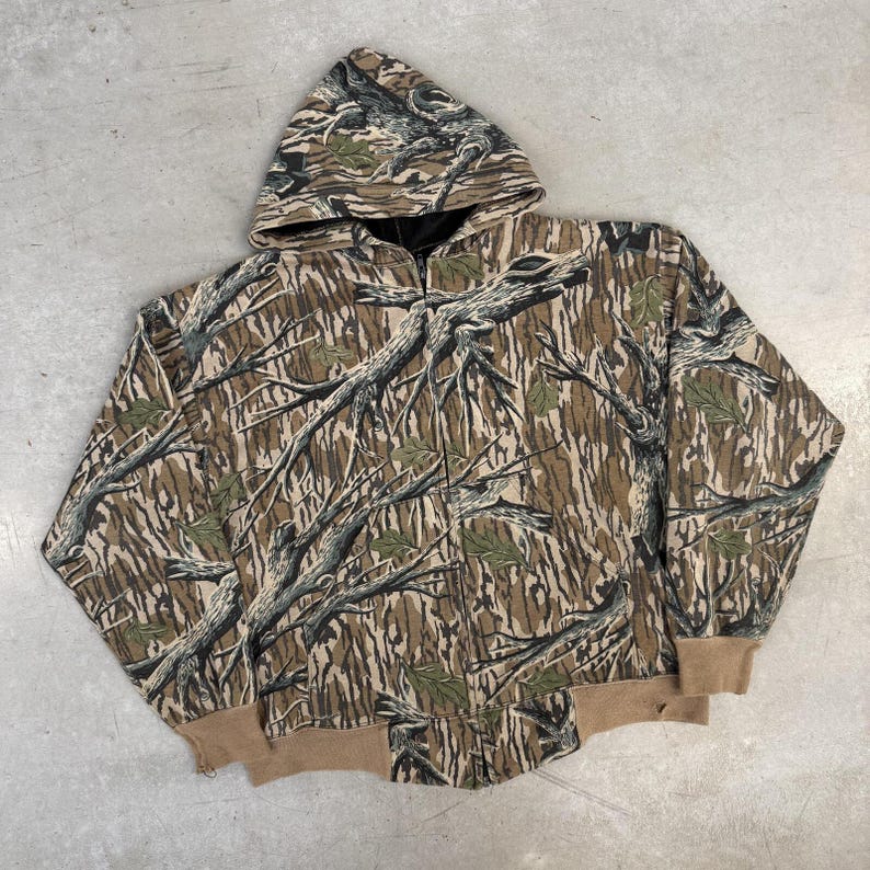 Sudadera con capucha y cremallera completa estilo vintage de los 90 con estampado de camuflaje Mossy Oak / Para exteriores / Camuflaje / Ligera / Marrón imagen 2