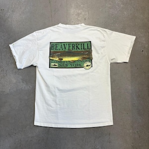May include: A white short-sleeve t-shirt featuring a rectangular graphic on the back. The graphic displays a brown trout illustration with the text BEAVERKILL, CATSKILL MOUNTAINS, NEW YORK, and a small circular logo with the text ORVIS.