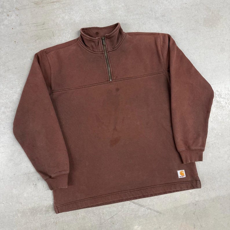 Sudadera Carhartt Sun Faded con cremallera de un cuarto, años 2000, vintage, ropa de trabajo, desgastada y con defectos, marrón mediano imagen 2