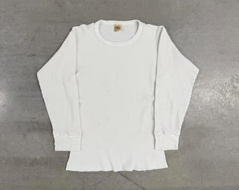 Vintage 90s Waffle Knit Thermal Longsleeve Tshirt Flawed / Made in USA / Retro / White Medium