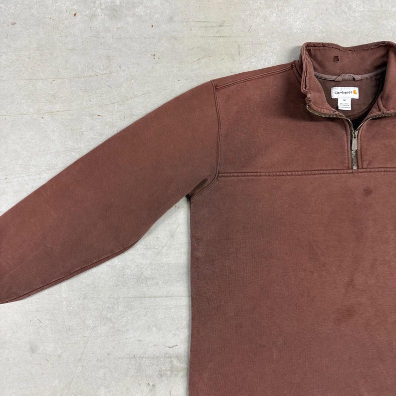 Sudadera Carhartt Sun Faded con cremallera de un cuarto, años 2000, vintage, ropa de trabajo, desgastada y con defectos, marrón mediano imagen 5