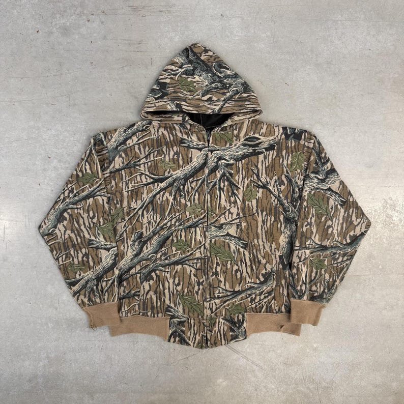 Sudadera con capucha y cremallera completa estilo vintage de los 90 con estampado de camuflaje Mossy Oak / Para exteriores / Camuflaje / Ligera / Marrón imagen 1