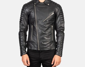 Black Armand Distressed Leather Biker Jacket : Vintage Inspired Style