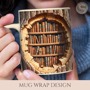 3D Book Mug Wrap, 3D Bookshelf Tree Mug Sublimation Design PNG, 3D Book Lover Mug Wrap, 11oz 15oz Coffee Cup Template 3D Mug Press Design