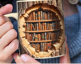 3D Book Mug Wrap, 3D Bookshelf Tree Mug Sublimation Design PNG, 3D Book Lover Mug Wrap, 11oz 15oz Coffee Cup Template 3D Mug Press Design
