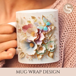 3D Elegant Butterfly Floral Mug Wrap, 11oz and 15oz Mug Sublimation Wrap, Instant Digital Download