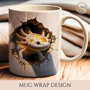 May include: A white ceramic mug with a colorful illustration of an axolotl breaking through a cracked wall. The axolotl is yellow, orange, and white with black eyes. The mug has a white handle.