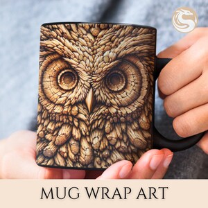 Envoltura de taza de búho de madera 3D, taza de búho 3D para tazas de 11 oz y 15 oz, diseño de sublimación, regalo único de taza de café