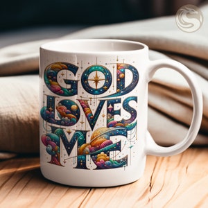 Inspirational &#39;GOD LOVES ME&#39; Mug Wrap, Celestial Mug Design, Vivid Colors, Perfect for Coffee and Tea, Divine Artwork