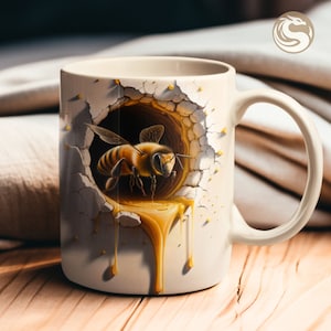 May include: A white ceramic mug with a 3D design of a bee emerging from a honeycomb with dripping honey. The bee is yellow and black with brown wings.