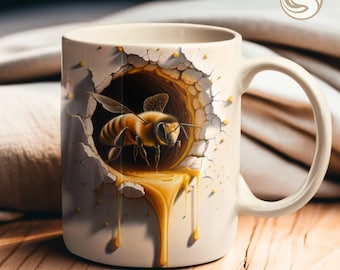 3D Bee Mug Wrap, 3D Bee and Honey Mug for 11oz and 15oz Mugs, Sublimation Design, Unique Coffee Mug Gift