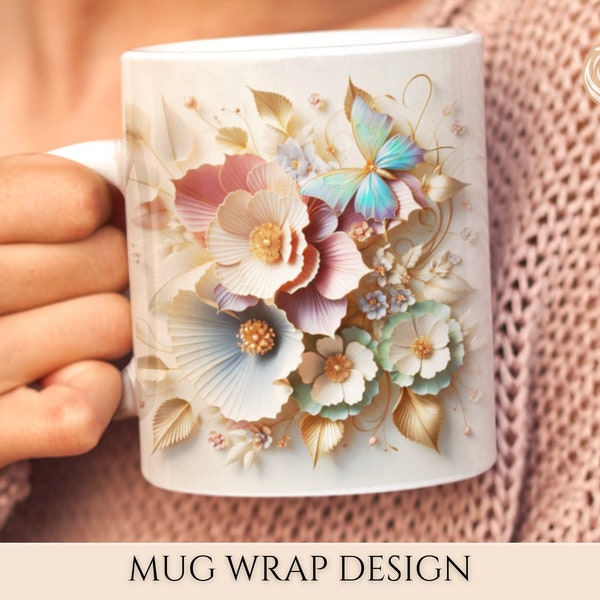 3D Elegant Butterfly Floral Mug Wrap, 11oz and 15oz Mug Sublimation Wrap, Instant Digital Download