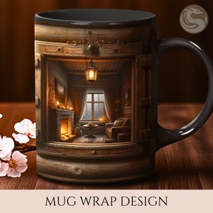 May include: A black ceramic mug with a wood-paneled design featuring a cozy cabin scene with a fireplace, a window, and a couch. The mug is perfect for enjoying a warm beverage.