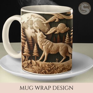 May include: A white ceramic mug with a wood-carved design of a wolf howling at the moon in a forest setting. The moon is full and the wolf is surrounded by trees and foliage.