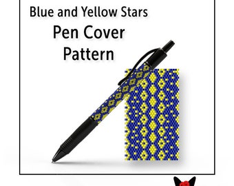 Beaded Pen Wrap Pattern, Even Count Peyote Stitch, Instant Download PDF File, Blue and Yellow Stars