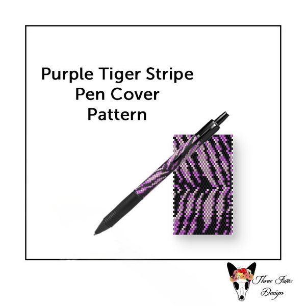 Seed Bead Pen Wrap Pattern, Even Count Peyote Stitch, Instant Download PDF File, Purple Tiger Stripe