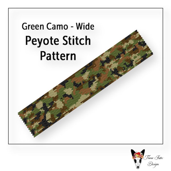 Beaded Bracelet Pattern, Even Count Peyote Stitch, Instant Download PDF File, Green Camo - Wide