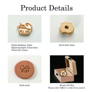 May include: A brass stamp with the text "Cat's Clay" engraved on it. The stamp is 12 mm thick and has a 2.5 mm to 3 mm engraving depth. The stamp is shown next to a wooden box and a clay impression of the stamp. The stamp is for use with clay.