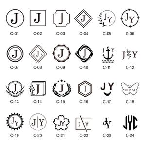 May include: A collection of 24 black and white monogram designs, each featuring a letter or initials within various shapes and decorative elements. The designs include circles, squares, and floral motifs.
