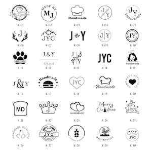 May include: A collection of black and white stamp designs with various symbols and text. Designs include a chef's hat, a hamburger, hearts, and the words "Handmade" and "Merry Christmas".