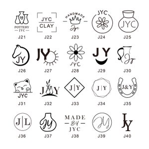 May include: A collection of 40 black and white logo designs featuring the letters "JY" or "JYC" in various styles. The logos include a horse, a sun, a flower, a vase, a cat, a pear, a horseshoe, and more.