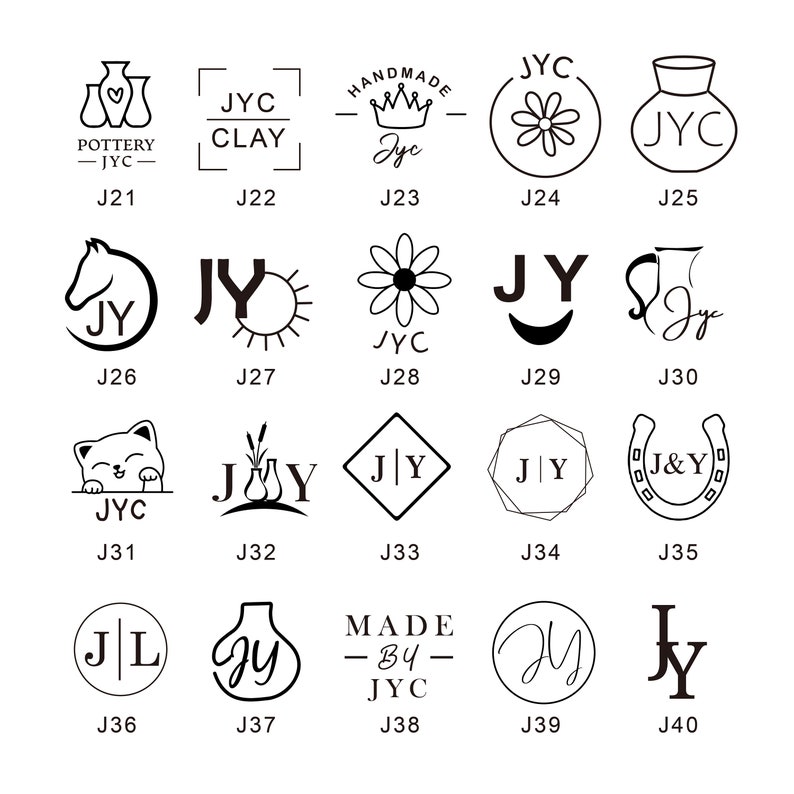 May include: A collection of 40 black and white logo designs featuring the letters "JY" or "JYC" in various styles. The logos include a horse, a sun, a flower, a vase, a cat, a pear, a horseshoe, and more.