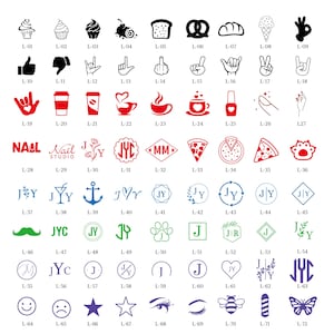 Peut inclure: Collection de divers motifs graphiques et icônes noirs et rouges, comprenant des aliments comme des cupcakes, des parts de pizza et un bretzel, ainsi que des symboles comme un pouce levé, un cœur et une étoile. Chaque motif est étiqueté avec "L-" suivi d'un numéro.