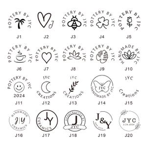 May include: Twenty black and white illustrations of different logos for pottery and ceramics businesses. The logos feature various designs, including a palm tree, a heart, a bee, a clover, a rose, a coffee cup, a leaf, a monstera leaf, a lotus flower, a smiley face, a crescent moon, a branch, a butterfly, a hand-drawn letter J, and a wreath of leaves. The logos are arranged in a grid pattern.