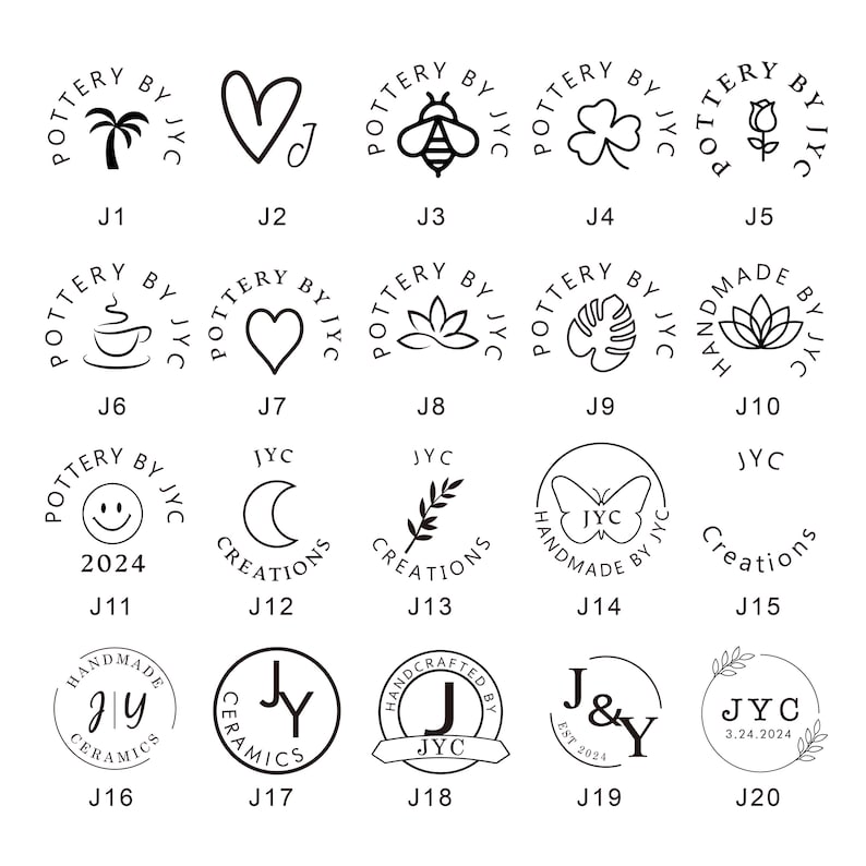 May include: Twenty black and white illustrations of different logos for pottery and ceramics businesses. The logos feature various designs, including a palm tree, a heart, a bee, a clover, a rose, a coffee cup, a leaf, a monstera leaf, a lotus flower, a smiley face, a crescent moon, a branch, a butterfly, a hand-drawn letter J, and a wreath of leaves. The logos are arranged in a grid pattern.