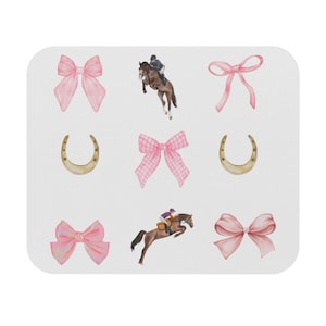 May include: A white background with watercolor illustrations of pink bows, gold horseshoes, and equestrian figures jumping over obstacles. The bows are in various styles, and the horses are brown.