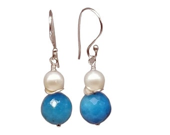 Blue Agate and White Pearl Earrings, November Birthstone, June Birthstone