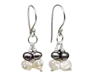 White, Gray, and Silver Cluster Pearl Triplet Earrings with Hand-Forged Argentium Sterling Silver Hoops, June Birthstone