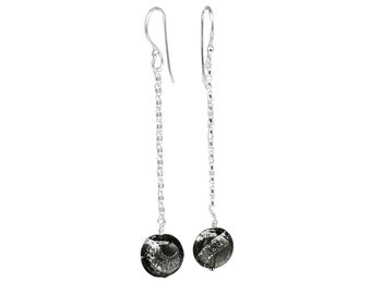 Long Murano Dichroic Silver and Black Sparkler Earrings on Chain