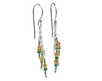 Yellow and Green Multi-colored Sapphire and Sterling Silver Dangle Earrings