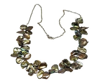 Golden Brown Keshi (Cornflake) Pearl Necklace with Green and Bronze Overtones